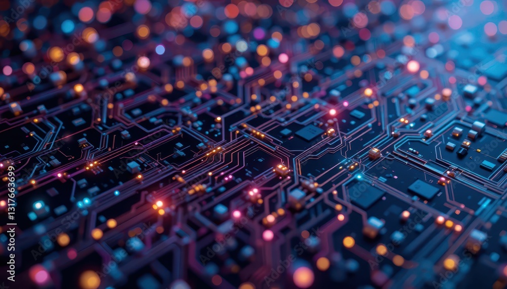 Poster colorful abstract circuit board with glowing lights and patterns
