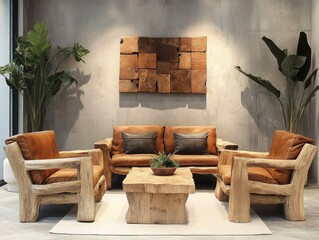 Rustic living room interior with wooden furniture and green plants