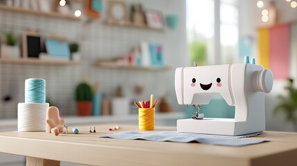 Happy sewing machine on wooden table with thread, pins, and pencils in craft room.
