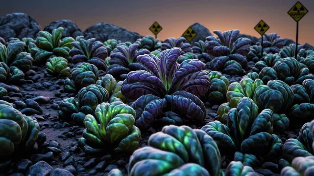 Colorful lush plants thrive in rugged landscape near warning signs at dusk