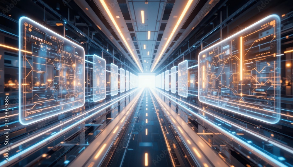 Poster futuristic data tunnel with glowing screens and bright light source