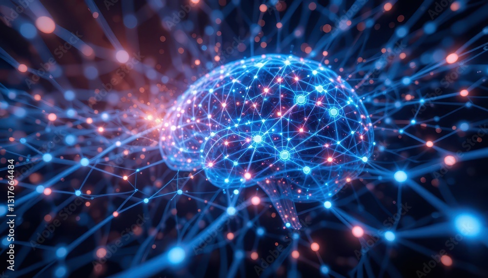 Poster abstract brain network connections with neon lights and nodes