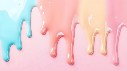 Colorful liquid paint dripping down a soft pastel pink background
