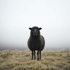 Obraz premium Black sheep stands on a hill. Foggy background