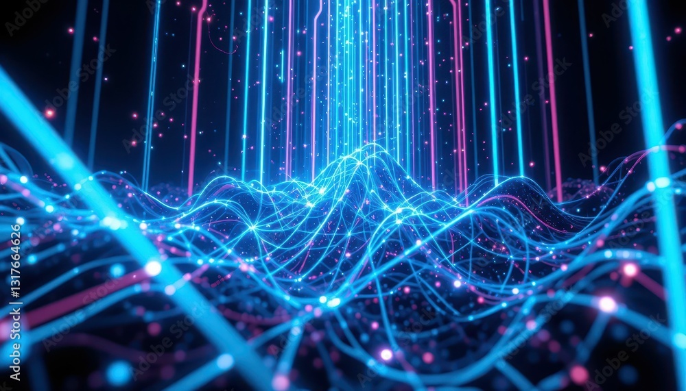 Poster futuristic digital waves with bright light trails and abstract patterns
