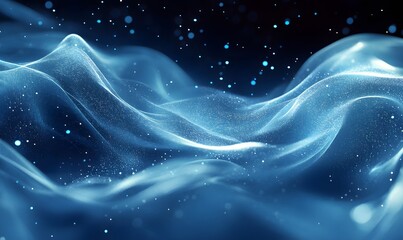 Naklejka premium Abstract blue flowing wave with luminous particles in a dark background