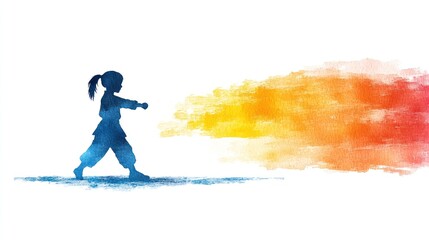 Naklejka premium Colorful Watercolor Illustration of Female Athlete Training in Kickboxing, Karate, and MMA Silhouette on White Background