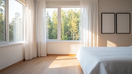 Fototapeta premium A serene interior of a bedroom with large windows, soft curtains, and a cozy bed, inviting natural light and offering a view of lush greenery outside.