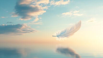 Zen inspired dreamscape where a single floating feather drifts through a soft blue sky symbolizing the lightness of a peaceful soul