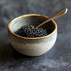 Caviar in a speckled bowl with gold rim and a spoon, on a textured surface