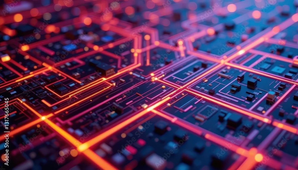 Poster abstract digital circuit pattern with neon light trails and details
