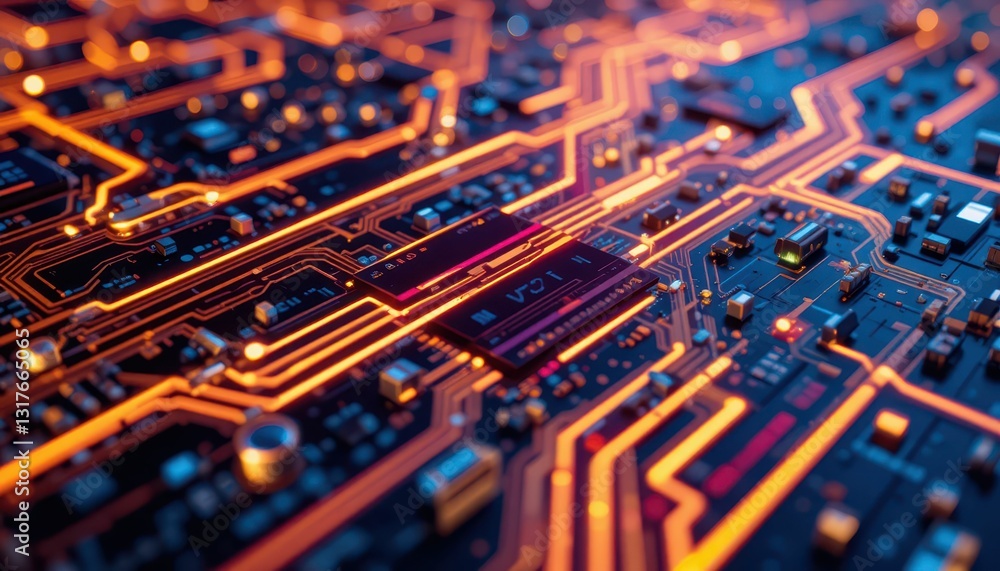 Poster high-tech circuit board with glowing lines and microchips