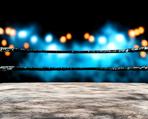 Empty wrestling ring blue lights blurred background