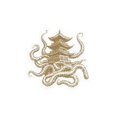 Obraz premium octopus attacks pagoda engraving design vector template t-shirt logo illustration
