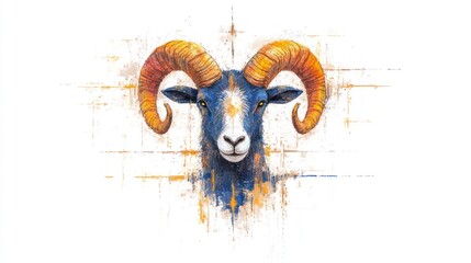 Vibrant Watercolor Painting of Colorful Ram Zodiac Symbol Aries with Bright Multicolored Horns Against White Background