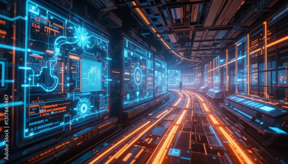 Poster futuristic high-tech control room with neon lights and data streams