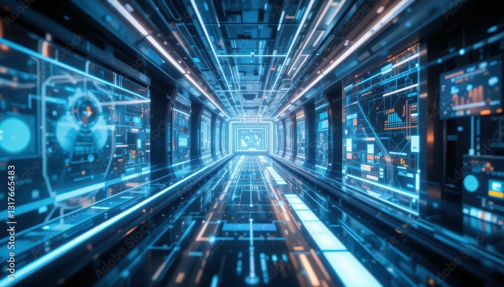 Poster futuristic digital tunnel with neon lights and data visualizations
