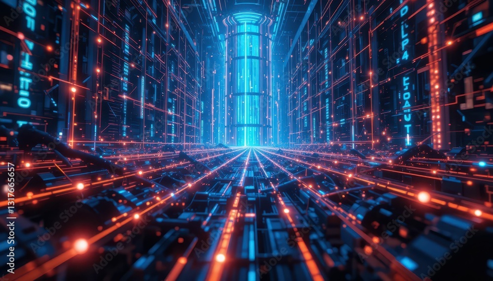Poster futuristic data stream with neon lights and technology elements