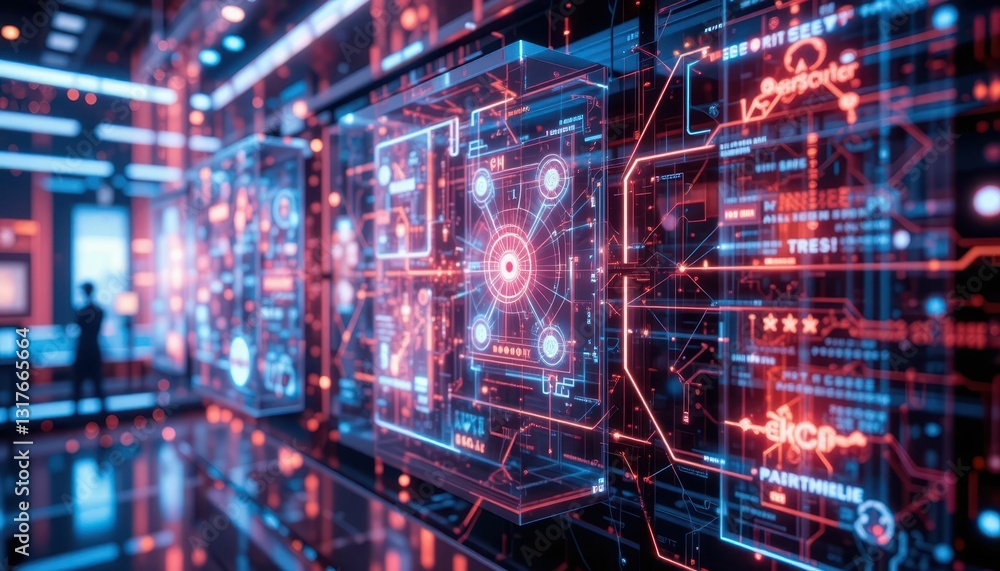 Poster futuristic data interface with colorful digital elements and patterns