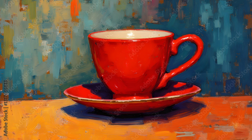 Poster stylized red mug filled with liquid sits on a colorful surface, rendered in a bold