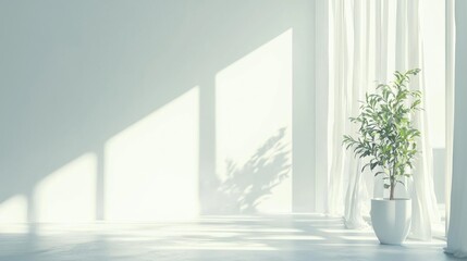 Fototapeta premium Bright room plant, light, white wall, curtain casting shadow