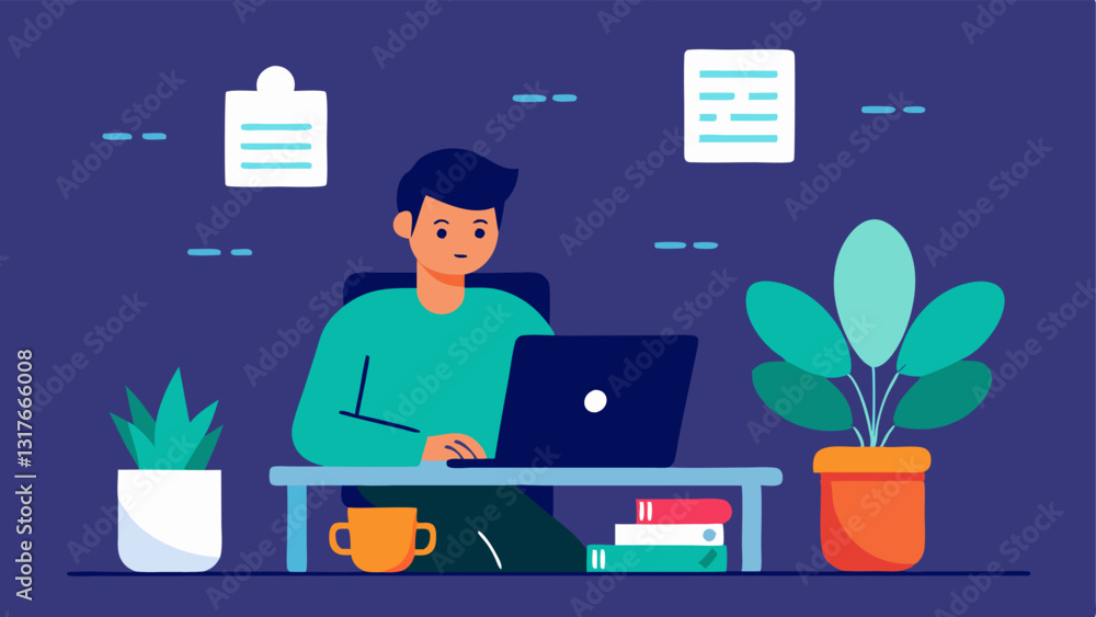 Poster home office setup a web developer sitting at a stylish desk with a laptop open surrounded by plants 