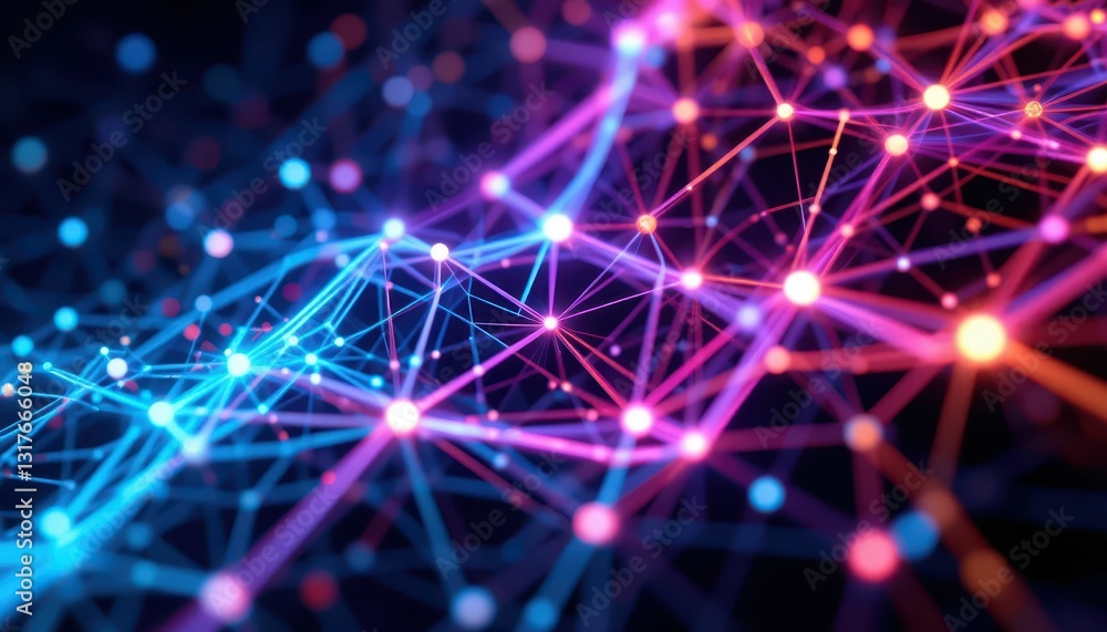 Poster abstract digital network visualization with colorful light nodes