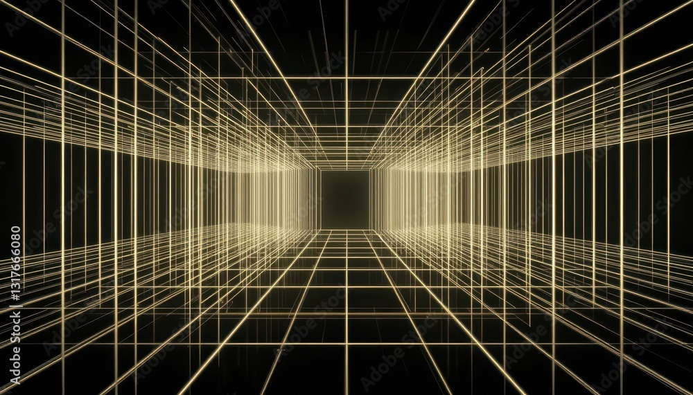 Poster abstract golden grid pattern with perspective depth in 3d space