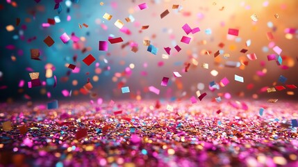 Shimmering gold silver glitter with colorful confetti bursts on a radiant gradient backdrop Bright festive tones evoke excitement and energy ideal for event posters and party themes