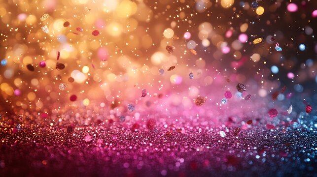 Shimmering gold silver glitter with colorful confetti bursts on a radiant gradient backdrop Bright festive tones evoke excitement and energy ideal for event posters and party themes