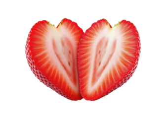 Fresh Ripe Strawberry Heart Shape Created from Two Halves Showing Juicy Inner Flesh and Natural Pattern Detail Isolated on Transparent and White Background