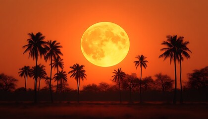 Orange sunset features a bright moon and silhouetted palm trees