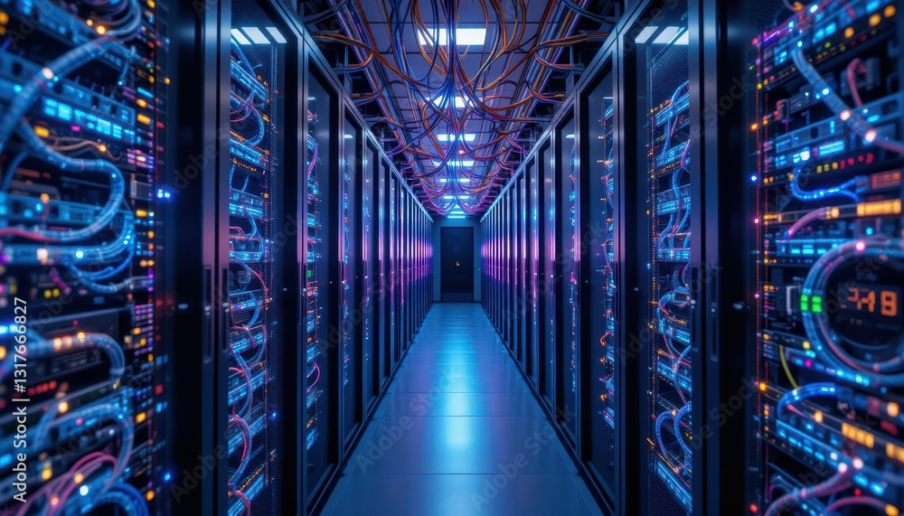 Poster modern data center with server racks and colorful light effects