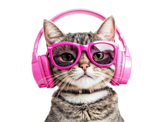 A stylish cat wearing pink headphones and pink glasses with a confident expression, isolated on a transparent background. Ideal for music, fashion, and pet-themed designs