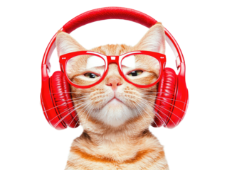 A cool cat wearing red headphones and red glasses with a confident expression, isolated on a transparent background. Ideal for music, fashion, and pet-related designs