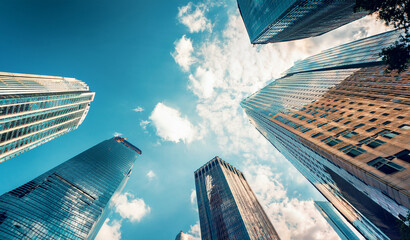 View of high rise glass office building. Royalty high-quality free best stock of looking Up modern high-rise office buildings with blue sky in the background, Bottom up view reflective skyscraper mode