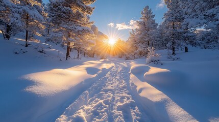 Snow covered forest tall evergreen trees illuminated by soft winter sunlight breaking through the branches
