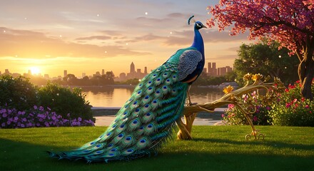 Peacock Perched on Ornamental Branch at Sunset Overlooking Cityscape