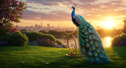 Peacock Resting on Gold Stand in Lush Garden at Sunset