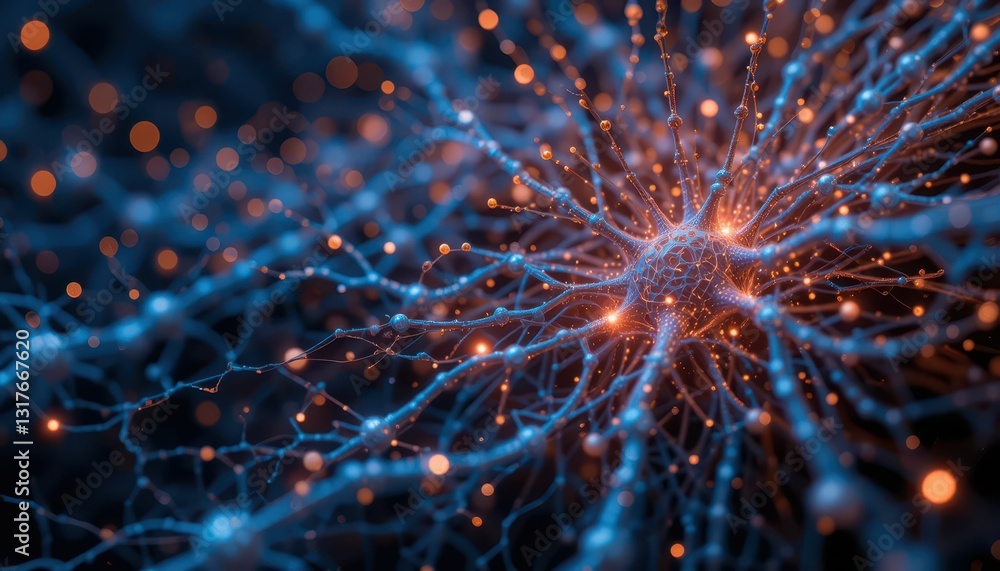 Poster intricate network of neurons with glowing synapses and connections