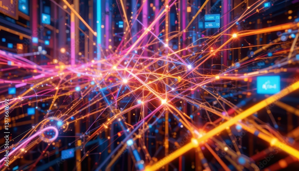 Poster colorful abstract data stream with light trails and network connections