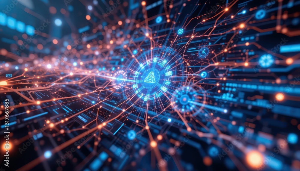 Poster abstract technology network with connected data points and symbols