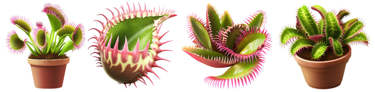 Carnivorous Venus flytrap and exotic potted plant in realistic style on transparent background