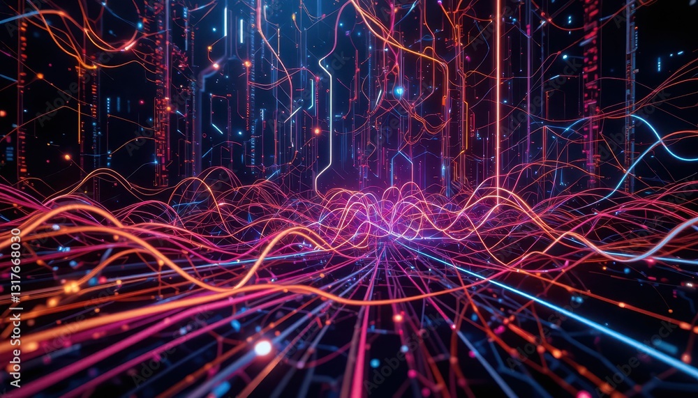 Poster abstract digital data flow with colorful light waves and patterns