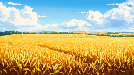 Naklejka premium A vast expanse of golden corn fields under a radiant sunny sky with warm sunlight casting long shadows across the landscape, farmland, agriculture. Radiant Shadows. Illustration