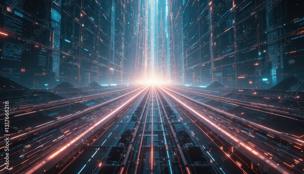 Poster futuristic data tunnel with vibrant lights and abstract patterns