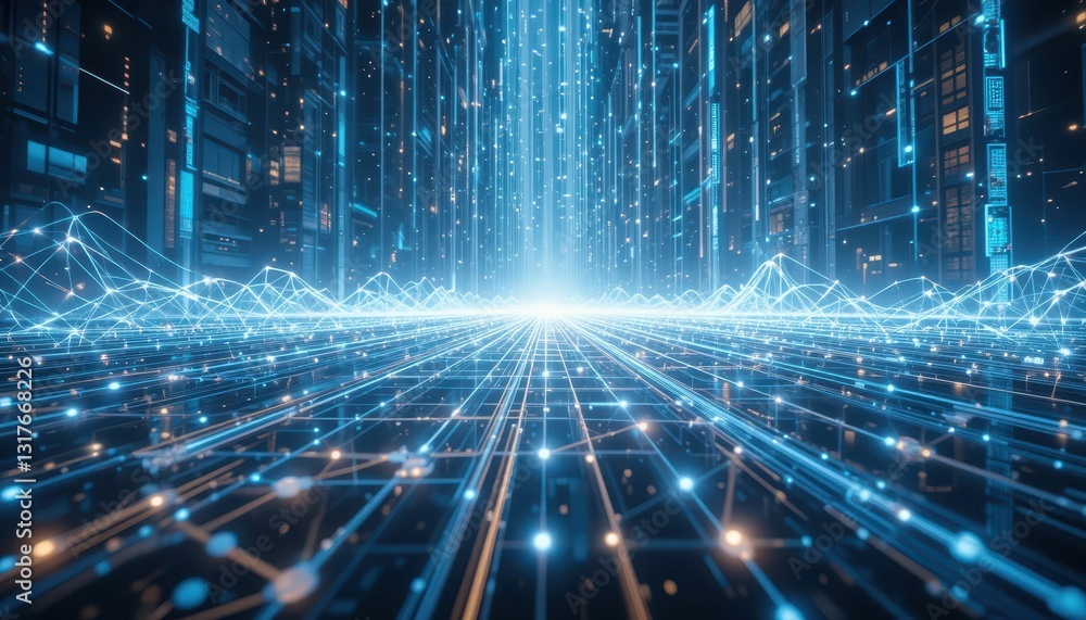 Poster futuristic digital data flow with light trails in a networked space
