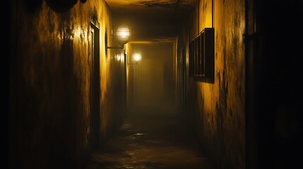 Mysterious Dark Hallway with Glowing Lights and Foggy Atmosphere