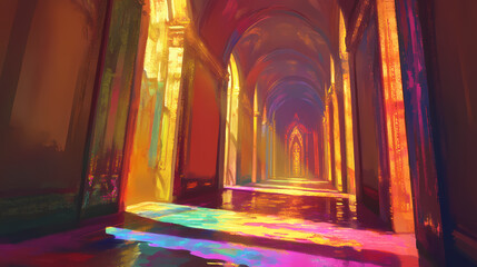 A vibrant corridor leads to a radiant horizon framed by shadowed structures a captivating journey into light and perspective. Radiant Shadows. Illustration