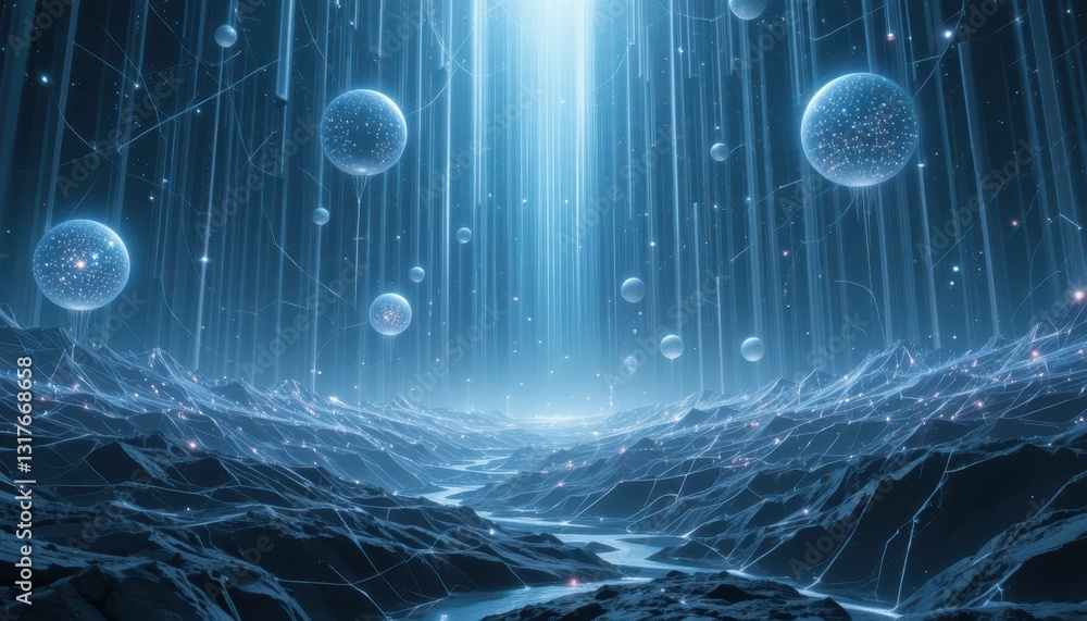 Poster futuristic landscape with floating spheres and ethereal light rays